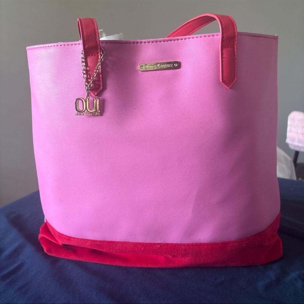Juicy Couture Pink and Red Structured Tote with Gold Accents